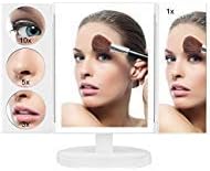 butyface Lighted Makeup Mirror with 1x/3x/5x/10x Magnification, Trifold Vanity Mirror with 44 LED Lights, Touch Screen, Battery and USB Powered, 360° Free Rotation Countertop Cosmetic Mirror