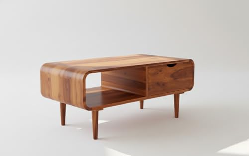 Image of Sheeshsam Wooden Center Coffee Table with Drawer & Shelf - Solid Wooden Coffee Table for Living Room - Tea Table Teapoy Center Piece for Home Sofa Center Table for Living Room (Honey, Scott)