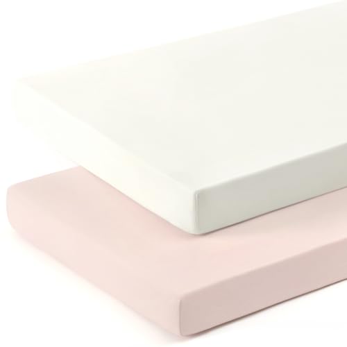 Image of GRSSDER Mini Crib Sheets Fitted, Pack and Play Sheets 2 Pack, Ultra Soft Stretchy Pack N Play Sheets, Universal Fit for Playard Mattress, Jersey Crib Sheets for Boys and Girls, Cream/Pink