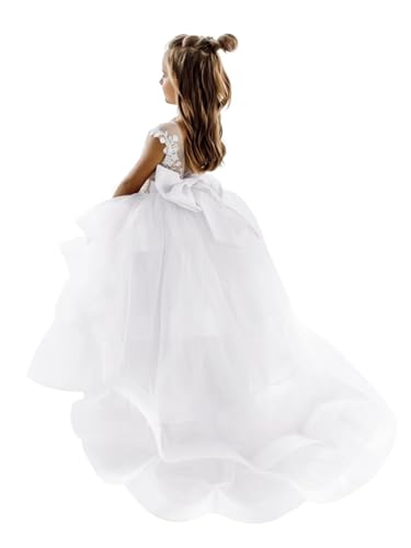 Lace Applique Flower Girl Dress for Wedding Tiered Tulle Wedding Party Gown Train Princess Pageant Floor-Length Puffy Dress