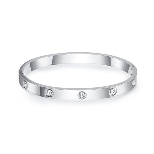 Silver Love Bangle Bracelet, Stainless Steel Bangle Bracelets for Women Cubic Zirconia Friendship Hinge Jewelry, Birthday Mother's Day Graduation Gifts for Her Mom Wife Adults Friends