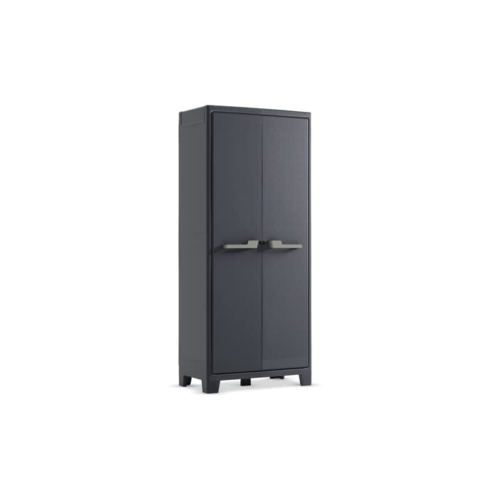 KETER Armoire Haute MOBY - Armoire en Résine Multifonctions - Étagères et Pieds Ajustables, Poignée Soft Touch - Charnières metallique - IPX3 - Cuisine, Garage, Atelier - 80x44x44x182 cm - Anthracite
