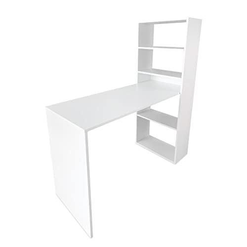 Somnia Descanso - Mesa de Escritorio con Estantería, Mesas para Ordenador, Acabado en Blanco, Práctica y Funcional, Medidas: 122 cm (Ancho) x 53,2 cm (Fondo) x 140 cm (Alto)