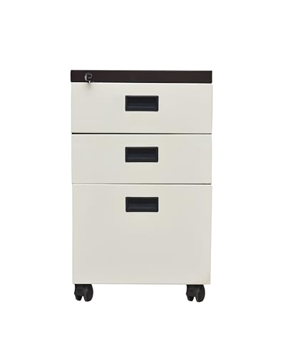 Image of Amazon Brand - Solimo 3 Drawer Steel Pedestal Cabinet | Lockable Powder Coated Filing Cabinet for Files, Documents & Stationery | Office Storage Unit (Brown, Pedestal with Wheels)