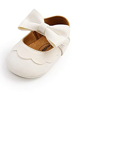 Baby Girls Flat First Walker Bowknot Solid Soft Sole Newborn Girls Princess (White, 0-6 Months)