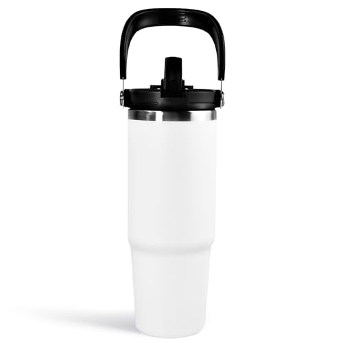30 oz Tumbler with Handle and Straw Lid, Double Walled Vacuum Insulated Water Bottle Leakproof Tumbler Travel Coffee Mug Thermal Cup, Cupholder Friendly for Office, Home, Sport, White