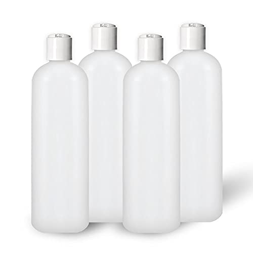 MoYo Natural Labs 4 oz Travel Bottles, Empty Travel Containers with Disc Caps, BPA Free HDPE Plastic Squeezable Toiletry/Cosmetic Bottle (Neck 20410) (Pack of 4, HDPE Translucent White)