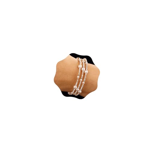 YERTTER Pulsera de diamantes de imitación de perlas de oro de 3 filas con purpurina, cadena de tenis elástica, pulsera elástica de regalo en capas para mujeres y novias (estilo A-dorado)