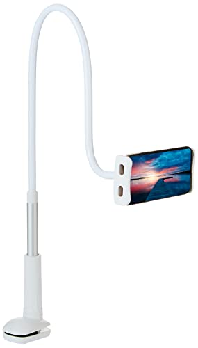 Image of Amazon Basics Universal Mobile & Tablet Holder 360 Rotation, Long Flexible Alloy Arm | Stand for Desk, Table, Bed, Kitchen, Bathroom for 4.6-Inches to 10.4-Inches Tablet /Smartphones (White) Tabletop
