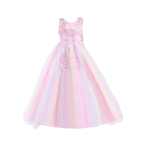 Girls Lace Tulle A-Line Dress Bow Flower Embroidery Sleeveless Wedding Smocked Dresses Formal Elegant Pageant Skirts