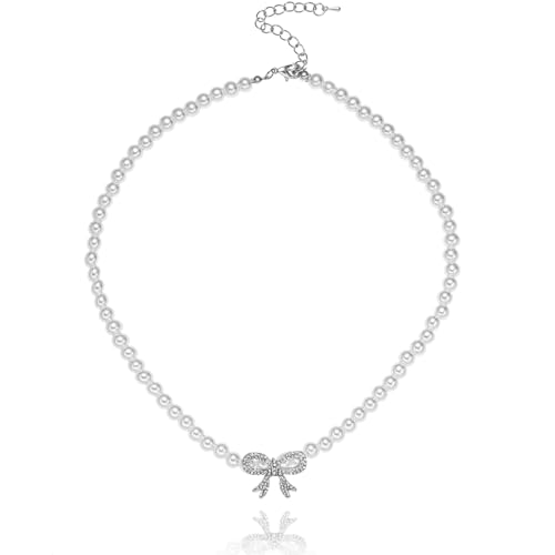 Bow Necklace Boho Butterfly Trendy Dainty Choker Sparkly 5MM Fake String Of Pearls Nice Chunky Short Crystal Rhinestone Bow Butterfly Pendant Necklace for Women Wedding BirthdayProm Party Bar