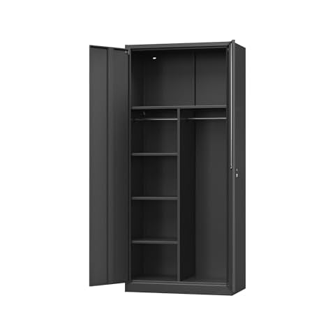 Metal Locking Storage Cabinet with 2 Doors and Adjustbale Shelves,Steel Wardrobe Storage Locker Organizer for Hanging with Lock,Suitable for Garage/Fire Department/Employee/Office-Black Cover