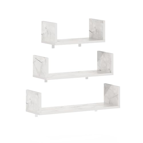 Image of Furinno Rossi Bedroom Decor Wall Mounted Floating Display Shelves with Invisible Brackets, Set of 3, Marble White | 11.7 inch, 15.7 inch, 18.9 inch Width, U-Shape Rectangular Wall Shelf Set, Wall Mounted Shelves, for Bathroom, Home Office, Living Room