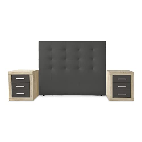 Duérmete Online Pack Cabecero Polipiel París Gris 2 Mesitas de Noche Omabella, Madera, Cambria-Grafito, 160 x 120 cm (para Cama de 150)