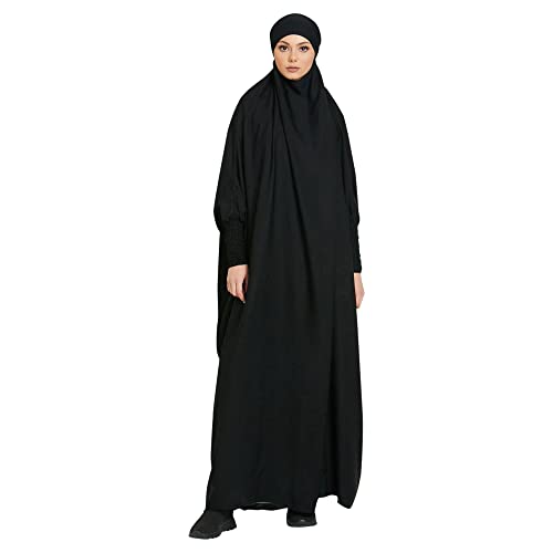 Khalat Women's Solid Abaya Muslim Dress One-Piece Full Length Prayer Robe Plus Size Abaya With Hoodied Hijab Black #TOP1