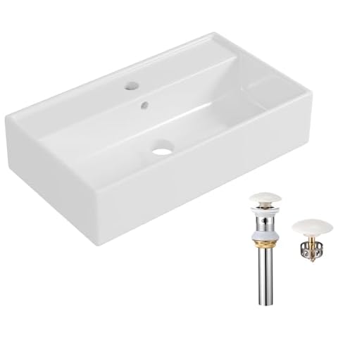 AmpleCharmic Wall Mount Bathroom Vessel Sink, 21’’ Rectangle Ceramic Basin for Small Bathroom Countertop with Pop-up Darin & Overflow, Modern White Cover
