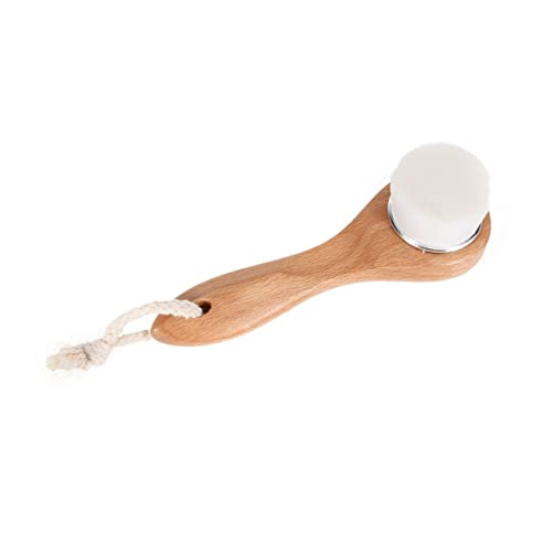 LIFKOME 1pc Wooden Long Handle Facial Cleansing Brush with White Fiber Manual Spa Wash Brush for Deep Pore Cleaning Suitable for All Skin Types Face Cleaning Tool