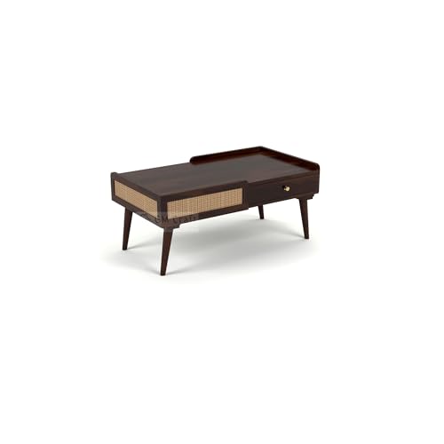 Image of Solid Sheesham Wood Coffee Table for Living Room | Centre Table with Storage Drawer & Cane Work | Modern Wooden Table for Home Office | 40.5x22x18 Inch | Walnut Finish