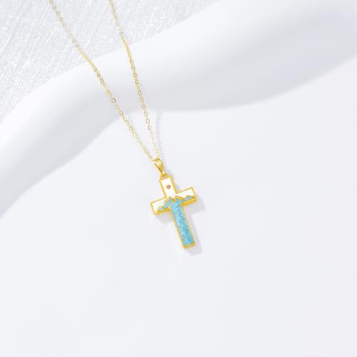 SISGEM Solid 14K Gold Cross Mustard Seed Necklace for Women,14kt Real Gold Cross Mountain Mustard Seed Faith with Turquoise Pendant Necklace Christian Jewelry Gifts Christmas Birthday,16+2 inch4