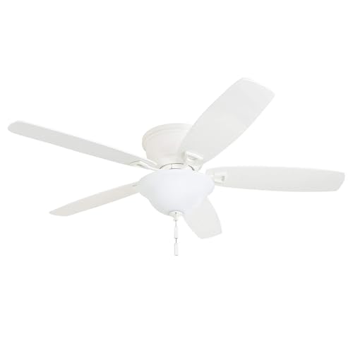 Honeywell Glen Alden 52 Inch Indoor LED Ceiling Fan with Bowl Light, Pull Chain Control, 5 Dual-Finish Blades, Quiet Reversible Motor, White