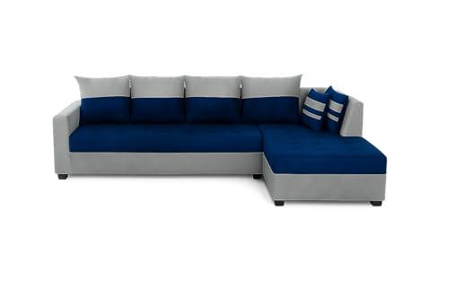 Image of FURNY Stylecon 6 Seater Fabric RHS L Shape Sofa Set (Blue-Light Grey) | Premium Velvet Finish | Durable Comfort | Ideal for Living Room