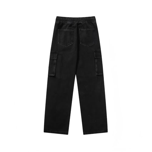 Mens Baggy Cargo Jeans Y2k Drawstring Elastic Waist Wide Leg Denim Pants for Men with Flap Pockets Streetwear4