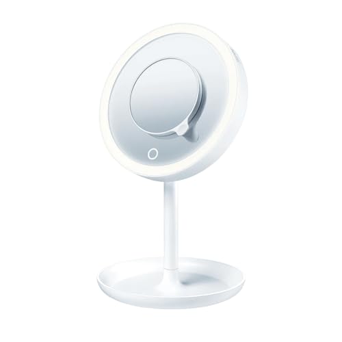Beurer-Illuminated-5X-Vanity-and-Cosmetics-Mirror-Touch-Sensor-Surface-Storage-Tray-with-Portable-Magnetic-Magnifying-Makeup-Mirror-White-LED-Light-and-Dimmer-Cordless-360-Rotation-BS45