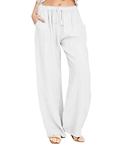 yoeasy Women Cotton Linen Drawstring Wide Leg Pants High Waisted Casual Loose Trousers with Pockets (Small, White)