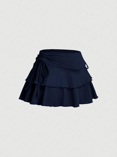 Plain Drawstring Waist Pleated Cake Ruffle Hem Skirt 2025 Fashion Skirts for Women3