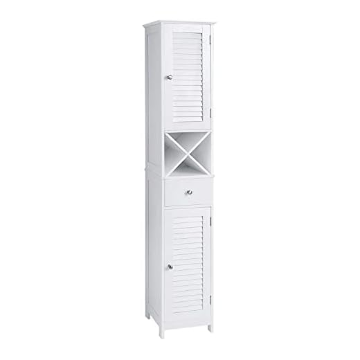 VASAGLE Meuble Colonne de Salle de Bain, Placard de Rangement, Armoire Haut, avec Portes à Persienne, Tiroir, Support Amovible en Forme de X, 32 x 30 x 170 cm, Style Scandinave, Blanc BBC69WT