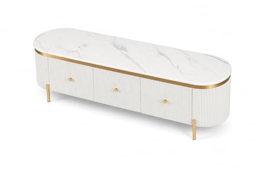 Image of Mazzo White Marble TV Unit Console | 70 inchx15 inchx18 inch | Golden Legs & Charcoal Louvers | Storage Drawers | Modern TV Stand Console Unit White Marble Top with Gold Accents, Storage Drawers