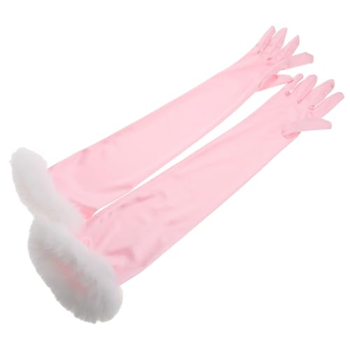 FRCOLOR 1Pair Elegant Long Satin Bridal Gloves with Plush Trim Fancy Dress Party Gloves for Women for Weddings Tea Parties and Formal Events
