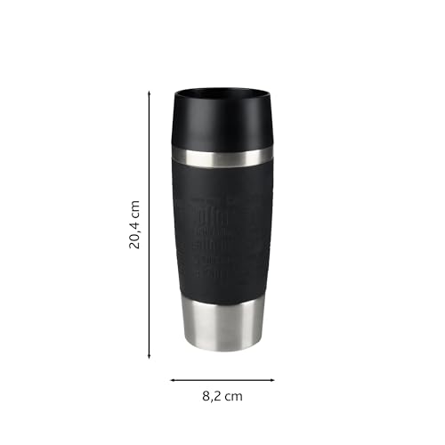 Emsa Taza térmica, Mantiene calor 4 h y frío 8 h, Acero inoxidable con base antideslizante y zona de agarre de silicona con letras grabadas, Negro, 8.1 x 8.1 x 20.1 cm