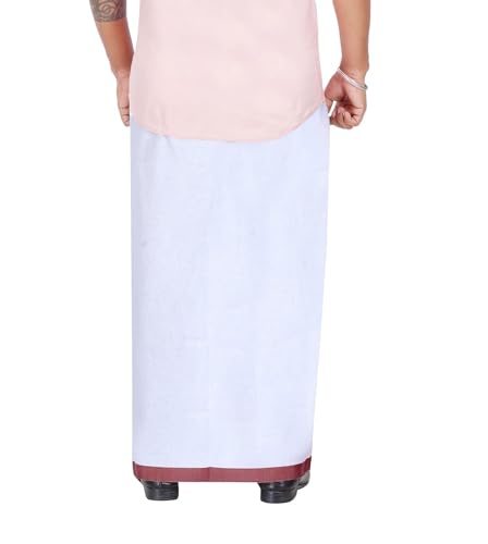 Cotton Dhotis for Men with Gold Zari Border | White Adjustable Dhoti with Pocket | Cotton Vesti Mundu (Cherry, Single Layer / 4 Mulam)3