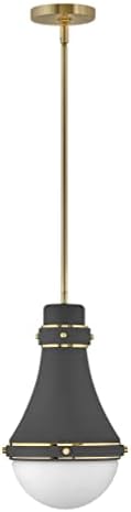 Hinkley Oliver Small Pendant Ceiling Light, Smooth Tapered Silhouette with a Rounded Etched Opal Glass Shade, in Dark Matte Grey and Bright Brass Accents