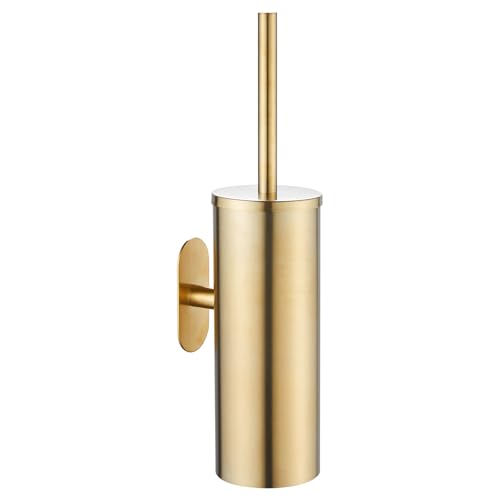 Image of AIREMOEN 1PCS Brushed Gold Stud Free Toilet Brush and Holder Set, 304 Stainless Steel Handle Toilet Brush Holder, Toilet Brush and Plunger Set, Bathroom Wall-Mounted Compact Toilet Brush Holder