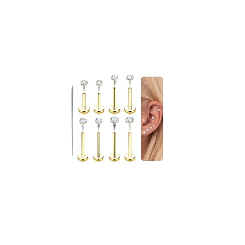 LOLIAS 14K Gold Filled Internally Threaded Piercing Jewelry for Cartilage Helix Tragus Nose - 18G Lip Medusa Piercing Studs - Hypoallergenic 316L Stainless Steel Flat Back Earrings Studs