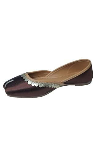 Pluxh Women’s Ethnic Jutti Shoes | Shiny Finish Mojari with Sequin Border | Soft Cushioned Slip-On Flats for Casual 5 UK Brown