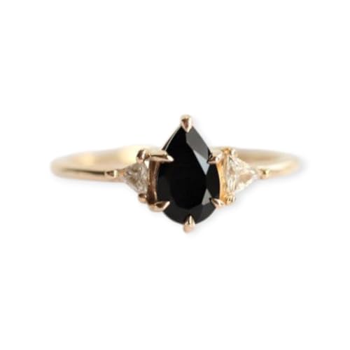 1 ct. Pear Onyx & Triangle Moissanite Ring, 14k Gold Pear Black Onyx Ring, Black Gem Side Stone Rings - GJH176