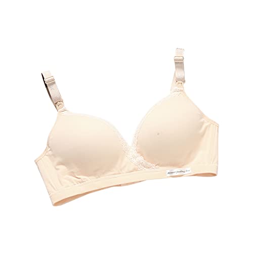 OBASDFD Sujetador de lactancia sin varillas para mujer, brasier de maternidad, brasier push up con cuello en V sin costuras, ribete de encaje, beige, S