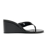 AZAGNEEM Patent Leather Wedge Flip Flops for Women Open Round Toe Comfort Arch Support Slip On High Heel Thong Sandals for Summer Fashion Travel Vacation Party Date Slides (black,7)