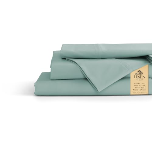 Image of Linen Home 100% Cotton Percale Sheets Twin XL Size, Pastel Turk, Deep Pocket, 3 Pieces Set- 1 Flat, 1 Fitted and 1 Pillowcase, Crisp Cool and Long Staple Strong Bed Linen