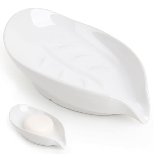 ANTIS'S HOME Keramik Seifenschale Weiß Seifenablage mit Ablauf, Seifenhalter & Seifenteller aus Porzellan | für Badezimmer, Dusche und Küche – Dekorative Schmuckschale im Blattform-Design