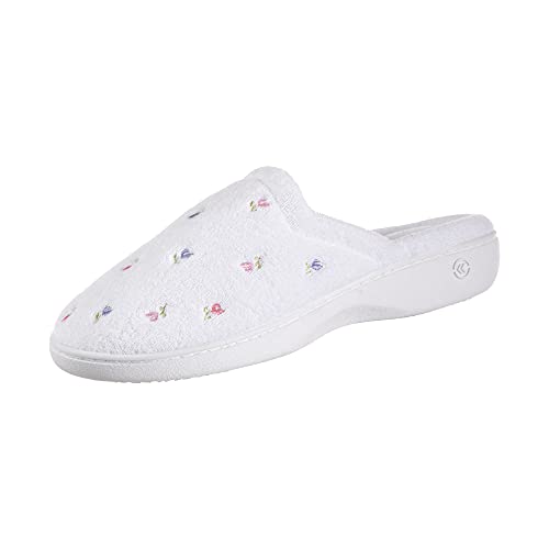 isotoner Women's Indoor/Outdoor Slip-on Secret Sole Clog Slippers with Memory Foam Comfort and Heal Suppport, White Scalloped, 7.5-8