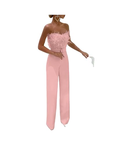 KWTF Overol blanco para mujer, con parte superior de tubo de plumas, sexy, a la moda, para fiesta de noche, pantalones con cinturón, elegante mono para mujer