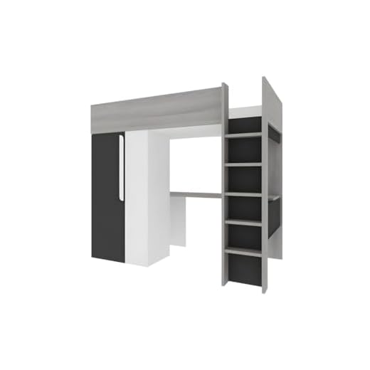 Cama Alta Nicolas - 90 x 200 cm - con Armario y Escritorio - Antracita y Blanco