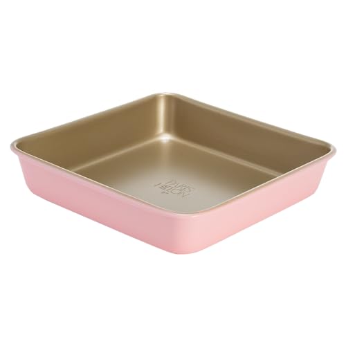 Paris Hilton Nonstick Carbon Steel Bakeware Collection, 9-Inch Square Cake Pan, Dishwasher Safe, Made Without PFOA and PFAS, Pink Champagne Two-Tone
