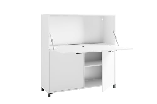 byLIVING Sekretär Montana/Sekretär matt weiß/Office-Schrank mit 1 Klappe und 2 Türen/Schwarze Griffe/B 120, H 127, T 40 cm