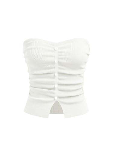 Image of CIDER Faux Pearl Tube Tops for Women Split Hem Knit Crop Y2K Going Out Tops | Cute Ruched Tops, Spring Summer Outfits, Vacation, Concert