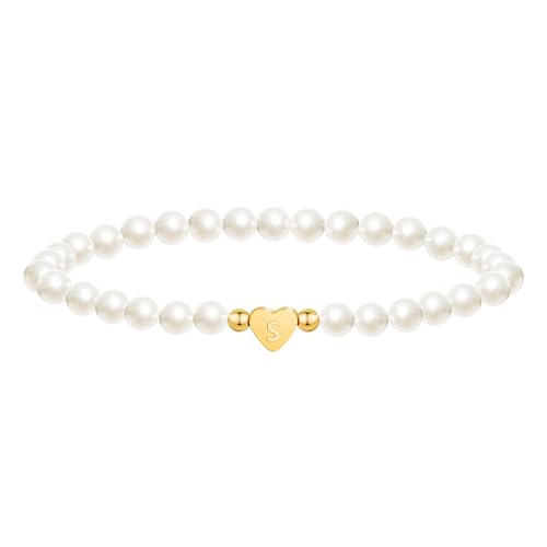 BAYLAY Initial Bracelets for Women Girls, 18K Gold Plated Letter S Initial Bracelet Trendy Heart Bracelet Pearl Bracelets Dainty Gold Bracelet for Women Flower Girl Gifts Bridesmaid Proposal Gifts